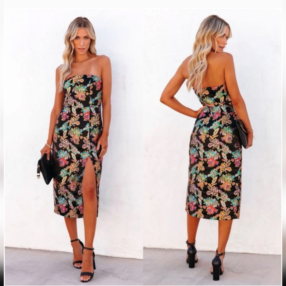 VICI Olia Ganni Floral Jacquard Strapless Midi Dress Sz-M
